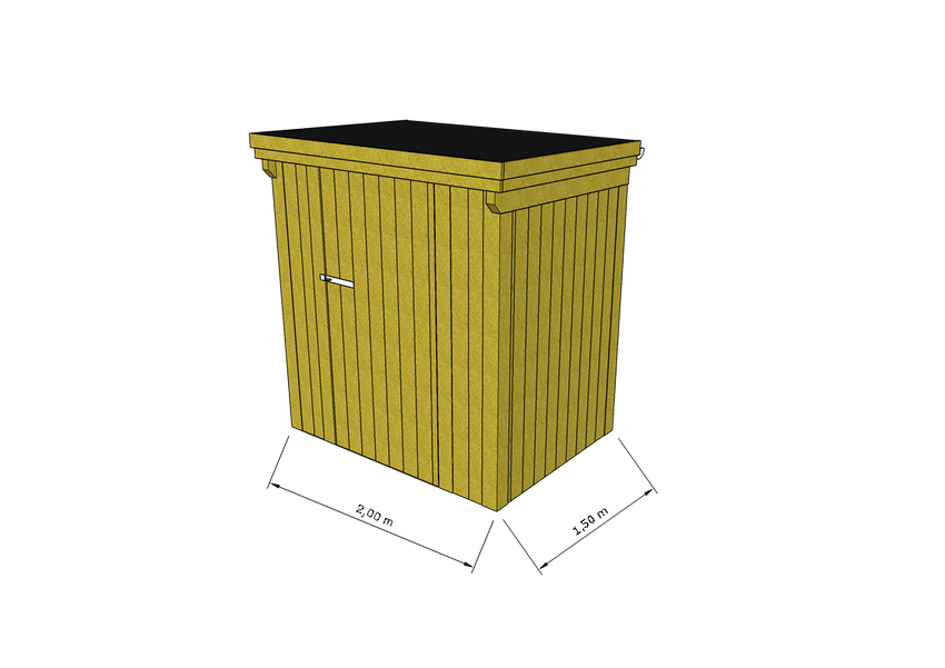 Technische Skizze eines Holzgerätehauses mit Tür, Wänden, Dach in Frontalansicht