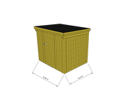 Technische Skizze eines Holzgerätehauses mit Tür, Wänden, Dach in Frontalansicht