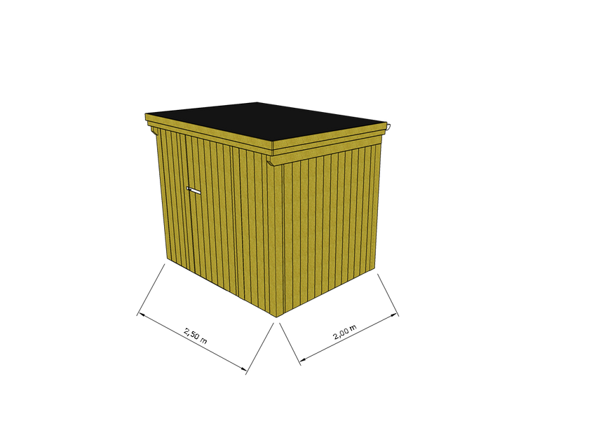 Technische Skizze eines Holzgerätehauses mit Tür, Wänden, Dach in Frontalansicht