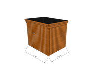 Technische Skizze eines Holzgerätehauses mit Tür, Wänden, Dach in Frontalansicht