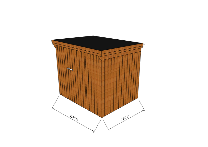 Technische Skizze eines Holzgerätehauses mit Tür, Wänden, Dach in Frontalansicht
