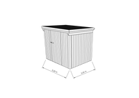 Technische Skizze eines Holzgerätehauses mit Tür, Wänden, Dach in Frontalansicht