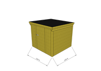 Technische Skizze eines Holzgerätehauses mit Tür, Wänden, Dach in Frontalansicht