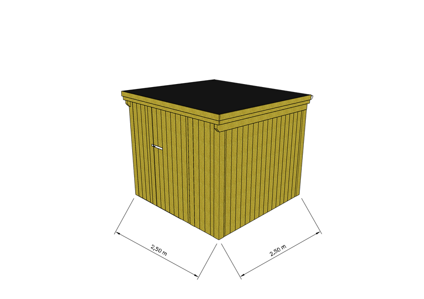 Technische Skizze eines Holzgerätehauses mit Tür, Wänden, Dach in Frontalansicht