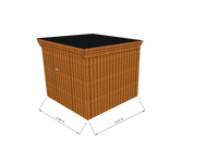 Technische Skizze eines Holzgerätehauses mit Tür, Wänden, Dach in Frontalansicht