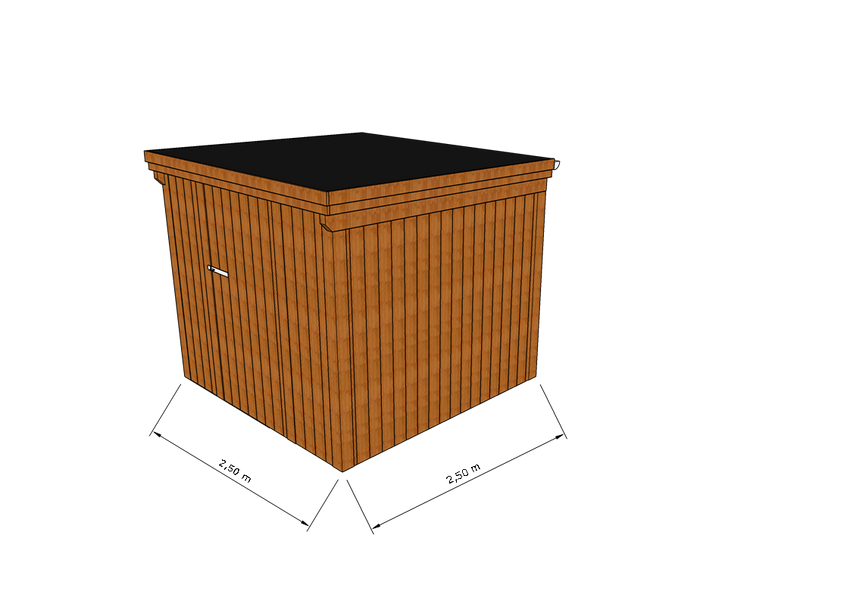 Technische Skizze eines Holzgerätehauses mit Tür, Wänden, Dach in Frontalansicht