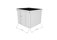 Technische Skizze eines Holzgerätehauses mit Tür, Wänden, Dach in Frontalansicht