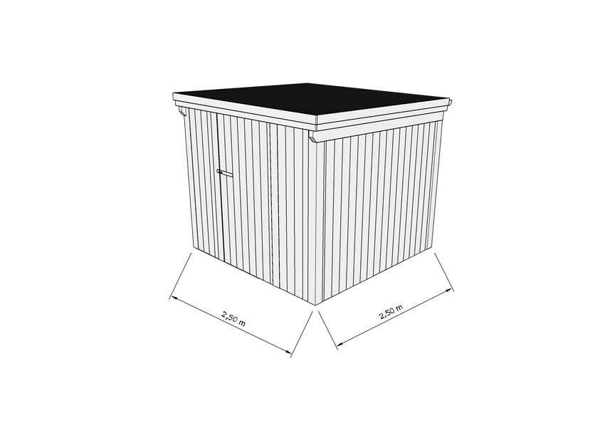 Technische Skizze eines Holzgerätehauses mit Tür, Wänden, Dach in Frontalansicht