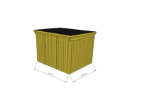 Technische Skizze eines Holzgerätehauses mit Tür, Wänden, Dach in Frontalansicht