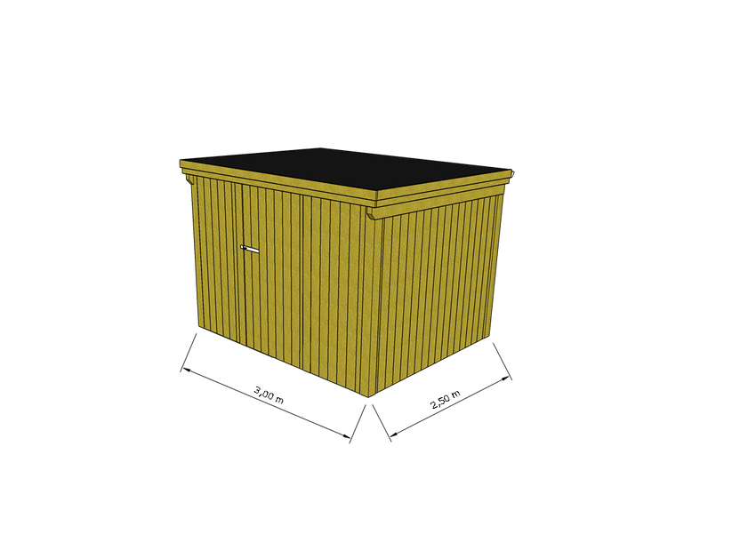 Technische Skizze eines Holzgerätehauses mit Tür, Wänden, Dach in Frontalansicht