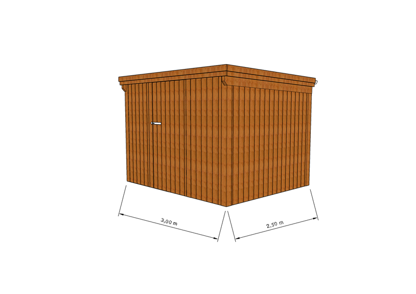 Technische Skizze eines Holzgerätehauses mit Tür, Wänden, Dach in Frontalansicht