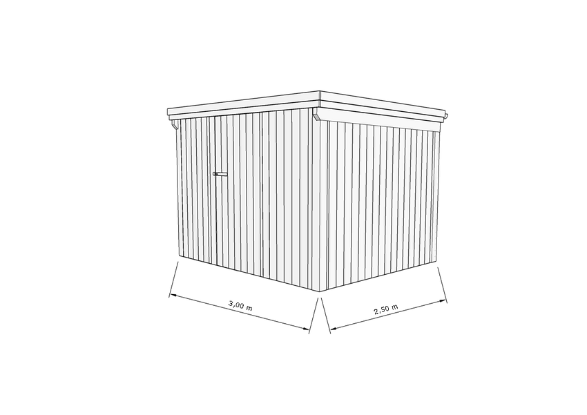 Technische Skizze eines Holzgerätehauses mit Tür, Wänden, Dach in Frontalansicht