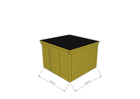 Technische Skizze eines Holzgerätehauses mit Tür, Wänden, Dach in Frontalansicht