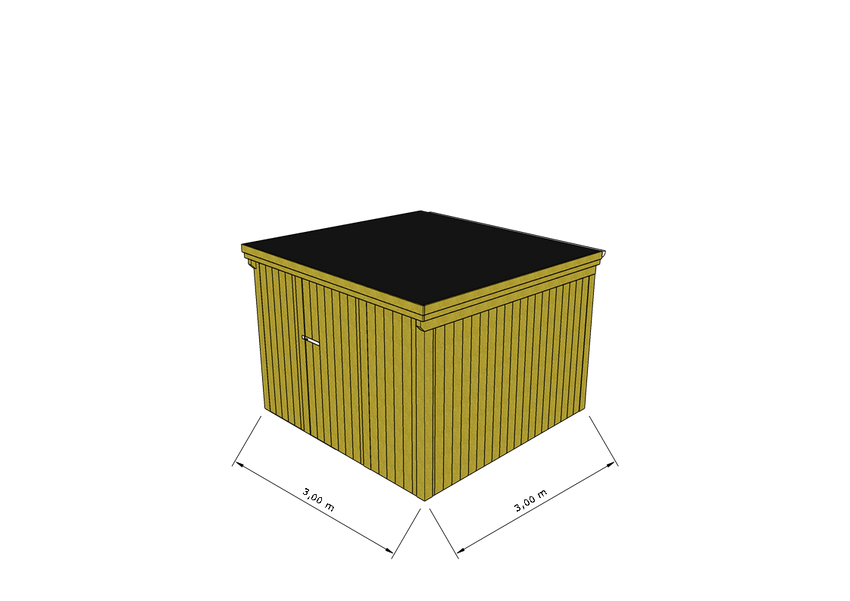 Technische Skizze eines Holzgerätehauses mit Tür, Wänden, Dach in Frontalansicht