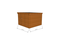 Technische Skizze eines Holzgerätehauses mit Tür, Wänden, Dach in Frontalansicht