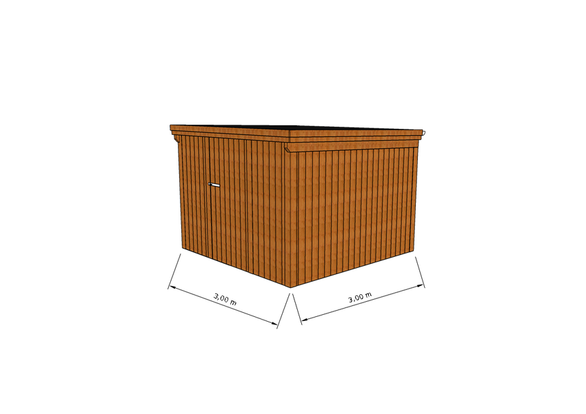 Technische Skizze eines Holzgerätehauses mit Tür, Wänden, Dach in Frontalansicht