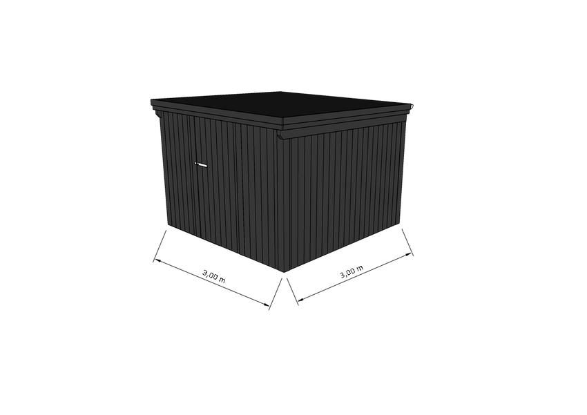 Technische Skizze eines Holzgerätehauses mit Tür, Wänden, Dach in Frontalansicht