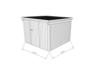 Technische Skizze eines Holzgerätehauses mit Tür, Wänden, Dach in Frontalansicht