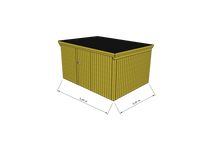 Technische Skizze eines Holzgerätehauses mit Tür, Wänden, Dach in Frontalansicht