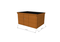 Technische Skizze eines Holzgerätehauses mit Tür, Wänden, Dach in Frontalansicht