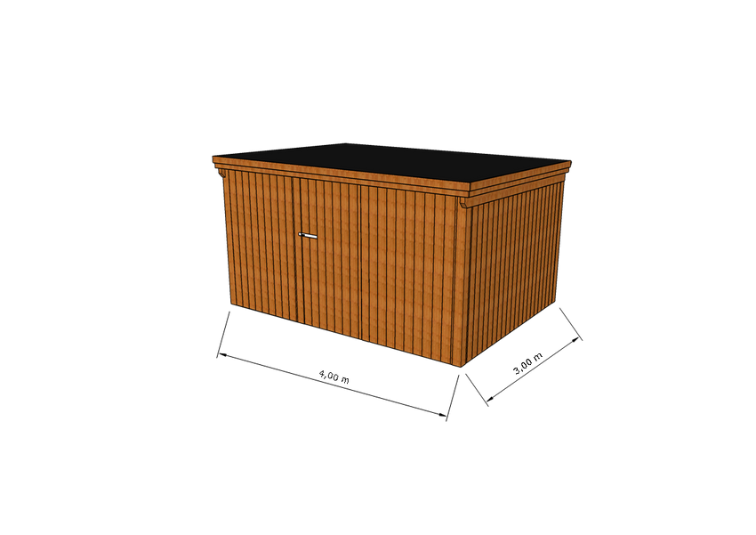 Technische Skizze eines Holzgerätehauses mit Tür, Wänden, Dach in Frontalansicht