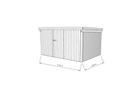 Technische Skizze eines Holzgerätehauses mit Tür, Wänden, Dach in Frontalansicht