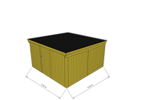 Technische Skizze eines Holzgerätehauses mit Tür, Wänden, Dach in Frontalansicht