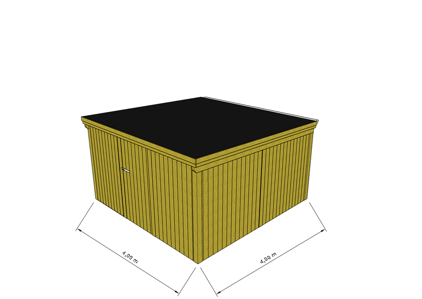 Technische Skizze eines Holzgerätehauses mit Tür, Wänden, Dach in Frontalansicht