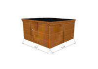 Technische Skizze eines Holzgerätehauses mit Tür, Wänden, Dach in Frontalansicht