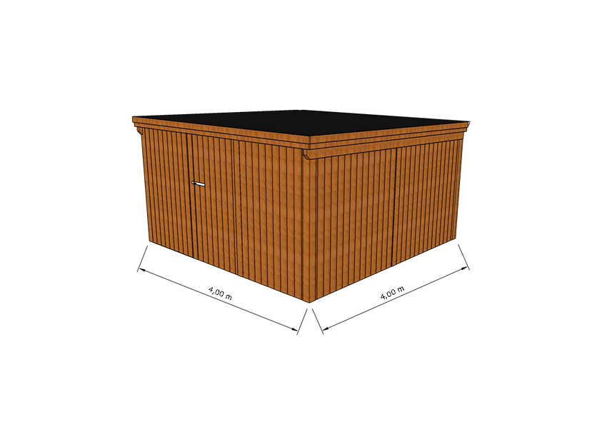 Technische Skizze eines Holzgerätehauses mit Tür, Wänden, Dach in Frontalansicht