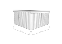 Technische Skizze eines Holzgerätehauses mit Tür, Wänden, Dach in Frontalansicht