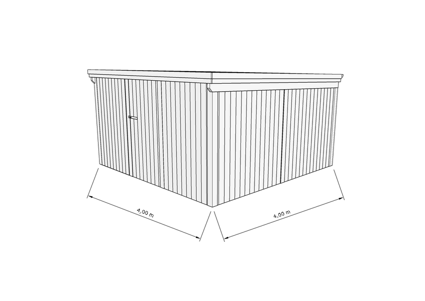 Technische Skizze eines Holzgerätehauses mit Tür, Wänden, Dach in Frontalansicht