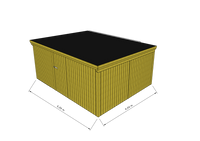 Technische Skizze eines Holzgerätehauses mit Tür, Wänden, Dach in Frontalansicht