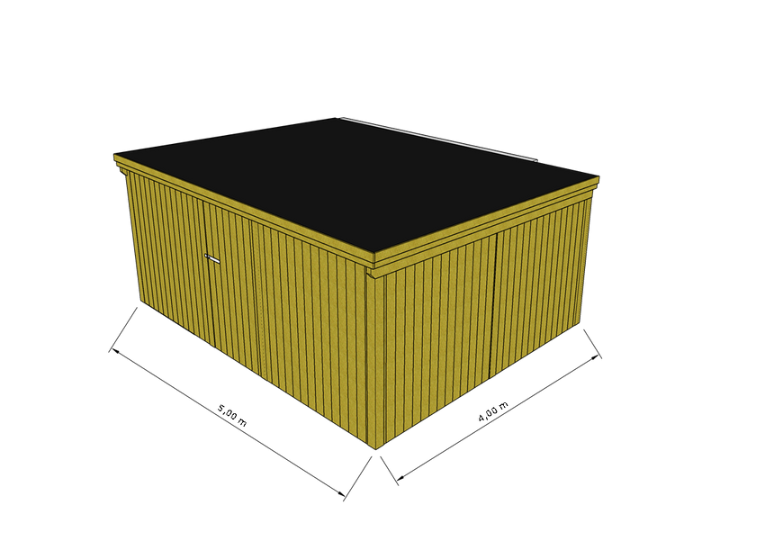 Technische Skizze eines Holzgerätehauses mit Tür, Wänden, Dach in Frontalansicht