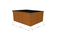 Technische Skizze eines Holzgerätehauses mit Tür, Wänden, Dach in Frontalansicht