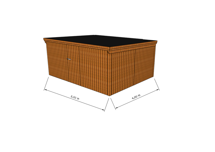 Technische Skizze eines Holzgerätehauses mit Tür, Wänden, Dach in Frontalansicht