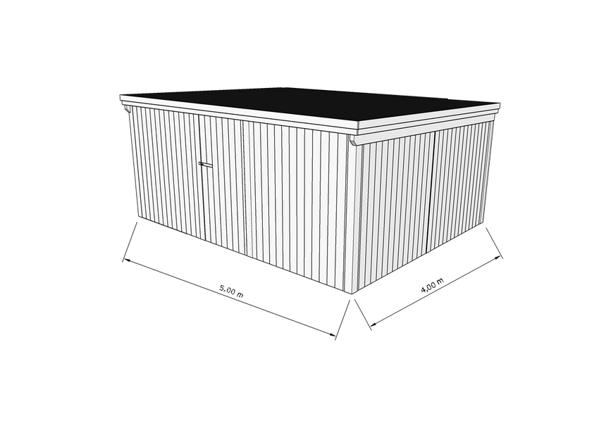 Technische Skizze eines Holzgerätehauses mit Tür, Wänden, Dach in Frontalansicht