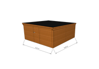 Technische Skizze eines Holzgerätehauses mit Tür, Wänden, Dach in Frontalansicht