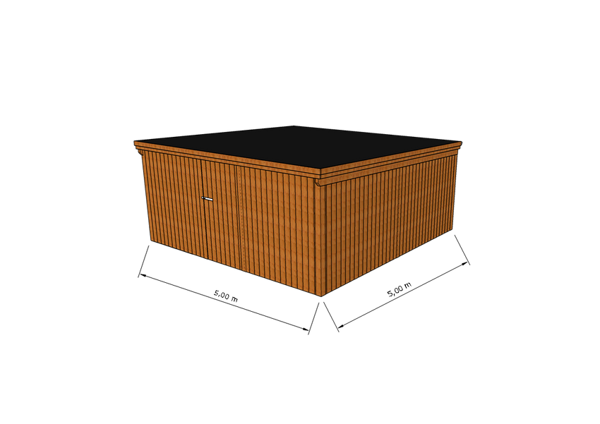 Technische Skizze eines Holzgerätehauses mit Tür, Wänden, Dach in Frontalansicht