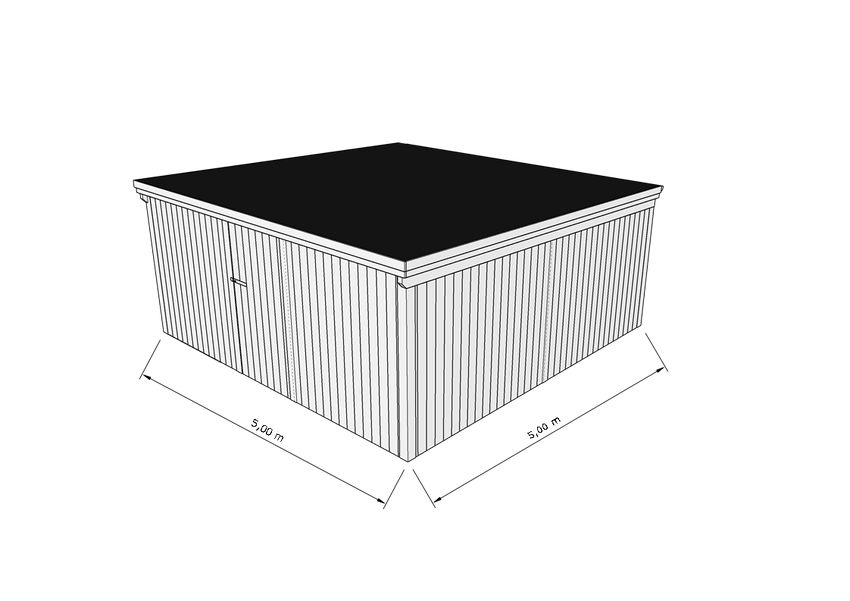 Technische Skizze eines Holzgerätehauses mit Tür, Wänden, Dach in Frontalansicht