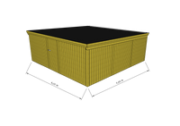 Technische Skizze eines Holzgerätehauses mit Tür, Wänden, Dach in Frontalansicht