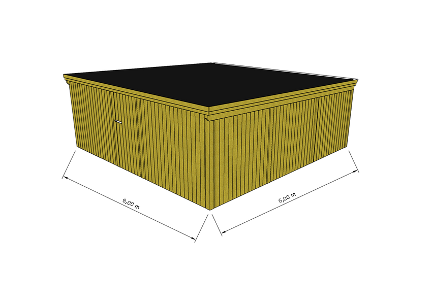 Technische Skizze eines Holzgerätehauses mit Tür, Wänden, Dach in Frontalansicht