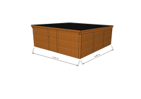 Technische Skizze eines Holzgerätehauses mit Tür, Wänden, Dach in Frontalansicht