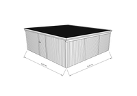 Technische Skizze eines Holzgerätehauses mit Tür, Wänden, Dach in Frontalansicht