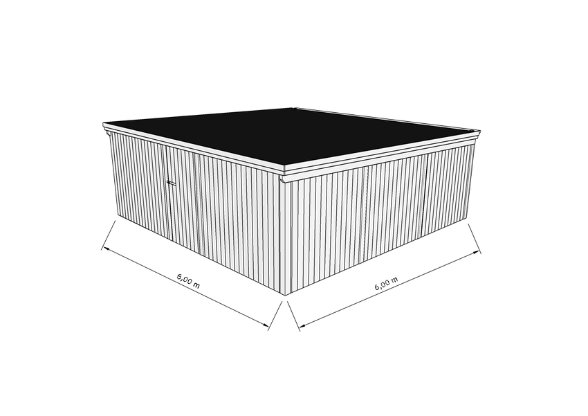 Technische Skizze eines Holzgerätehauses mit Tür, Wänden, Dach in Frontalansicht