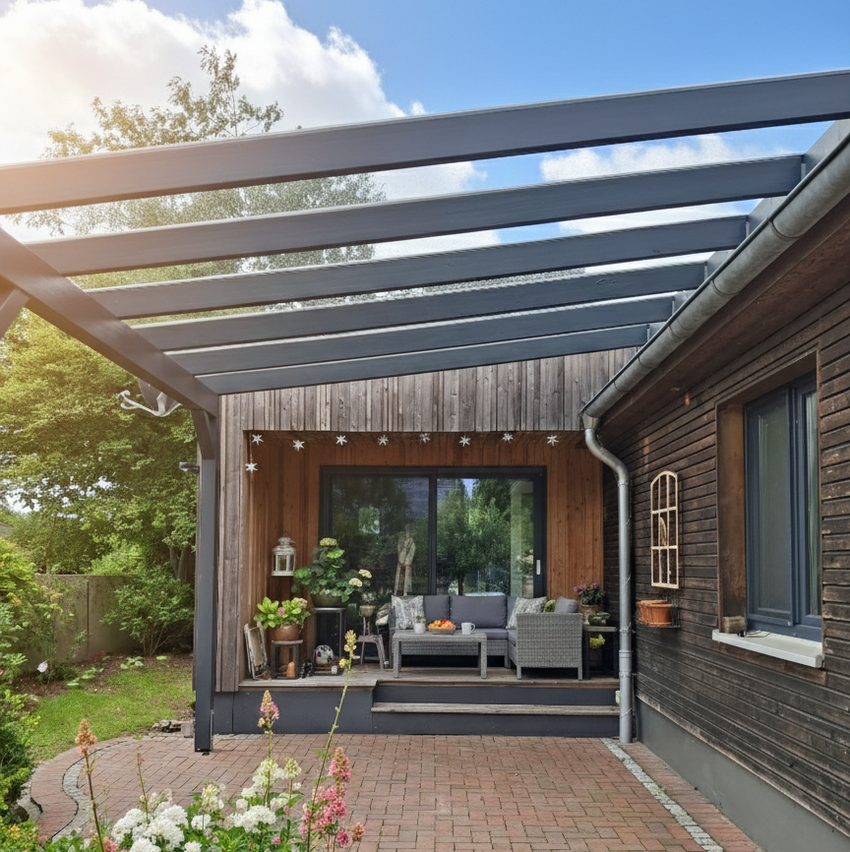 Terrassendach mit Wandanbau aus Glas (VSG) – maßgefertigt aus BSH
