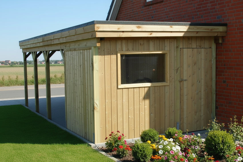 Einzel-Carport CLASSIC Holzblende mit Abstellraum (Verkleidung: Klassisches Duoprofil) - FREESE Holz 