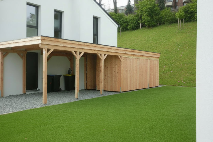 Einzel-Carport CLASSIC Holzblende mit Abstellraum (Verkleidung: Klassisches Duoprofil) - FREESE Holz 