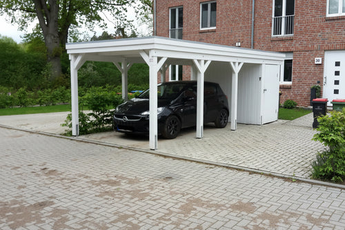 Einzel-Carport CLASSIC Holzblende mit Abstellraum (Verkleidung: Klassisches Duoprofil) - FREESE Holz 