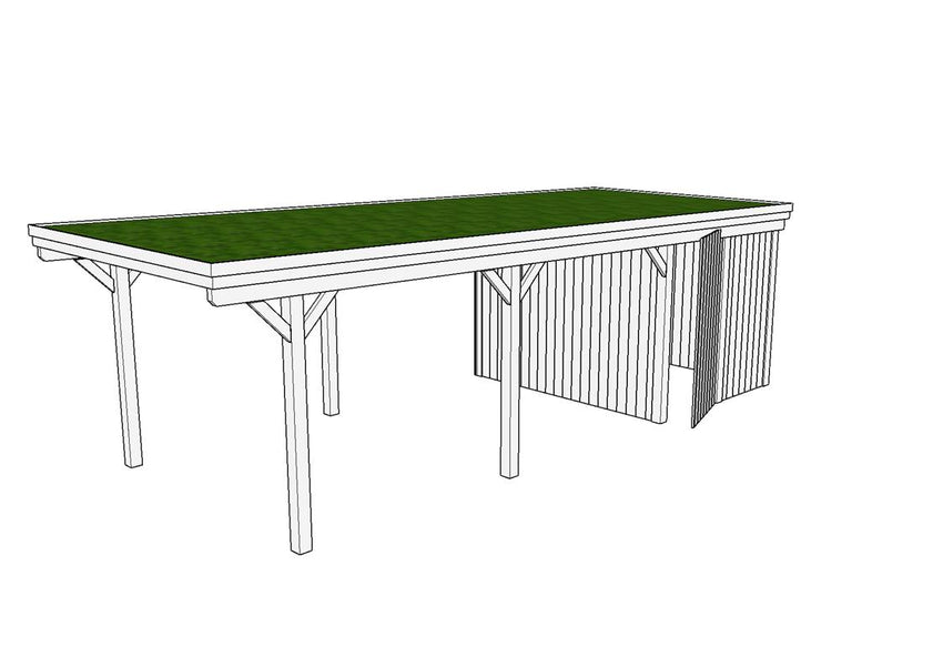 Gründach-Carport CLASSIC Holzblende mit Abstellraum (Verkleidung: Klassisches Duoprofil) - FREESE Holz 